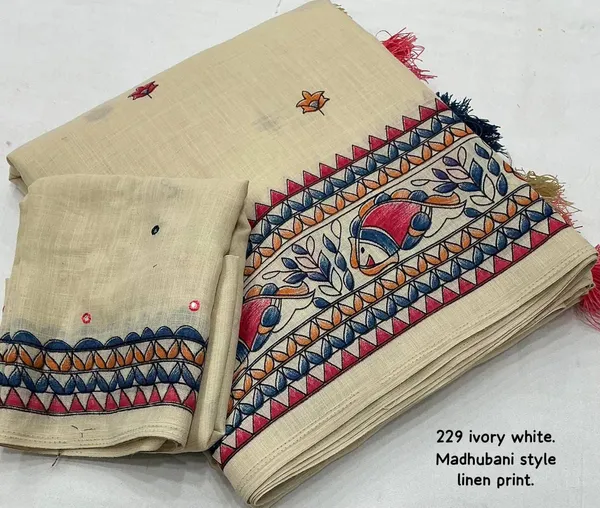 Ivory_White_Ivory_Madhubani_Style_Linen_Saree_With_Printed_Blouse_For_Women