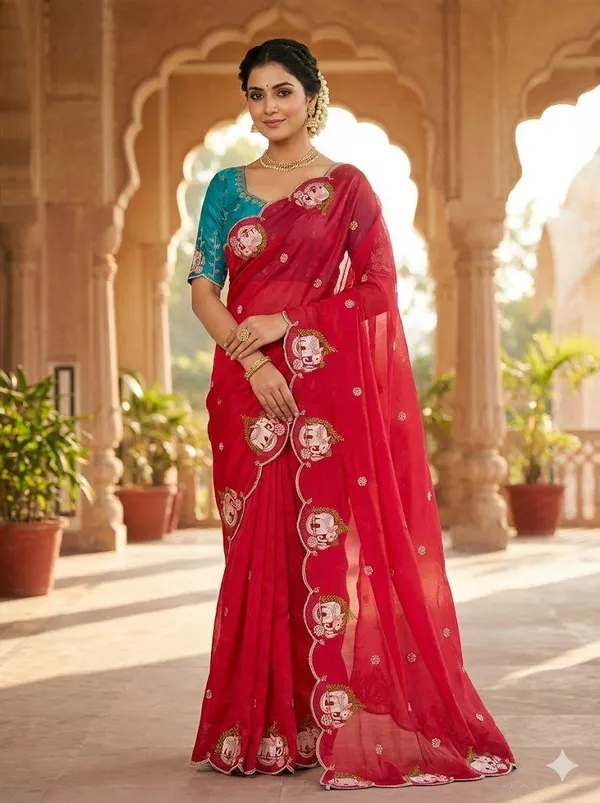 Red_Elegant_Saree_With_Embroidered_Floral_Motifs_And_Contrast_Blouse_For_Women