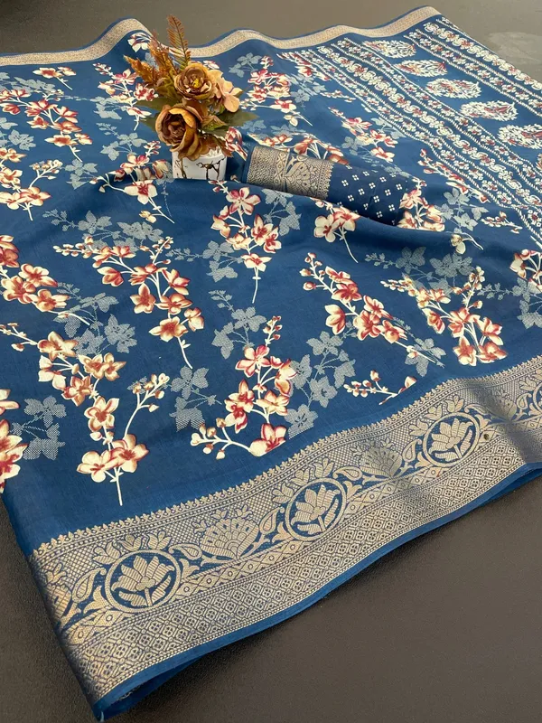Blue_Floral_Print_Silk_Blend_Saree_With_Woven_Border_For_Women