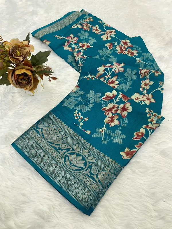 Teal_Blue_Floral_Print_Saree_With_Border_For_Women