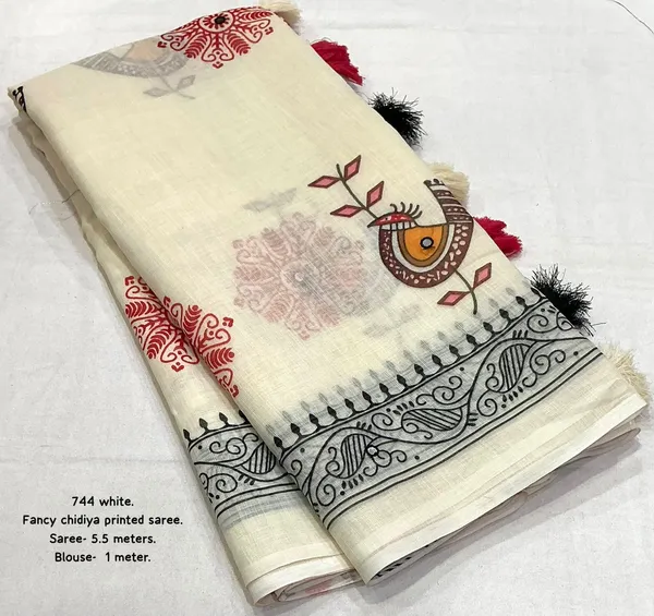 White_Fancy_Chidiya_Printed_Saree_For_Women
