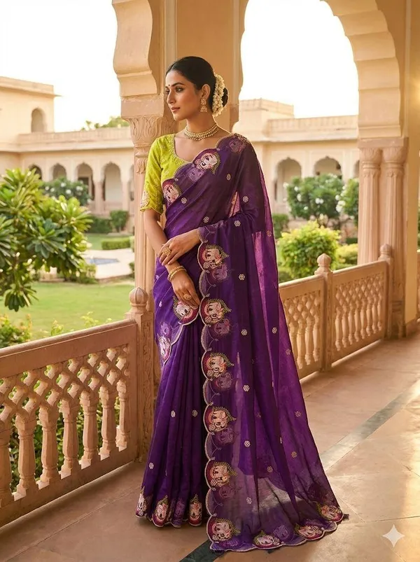 Purple_Organza_Saree_With_Embroidered_Border_And_Lime_Blouse_For_Women