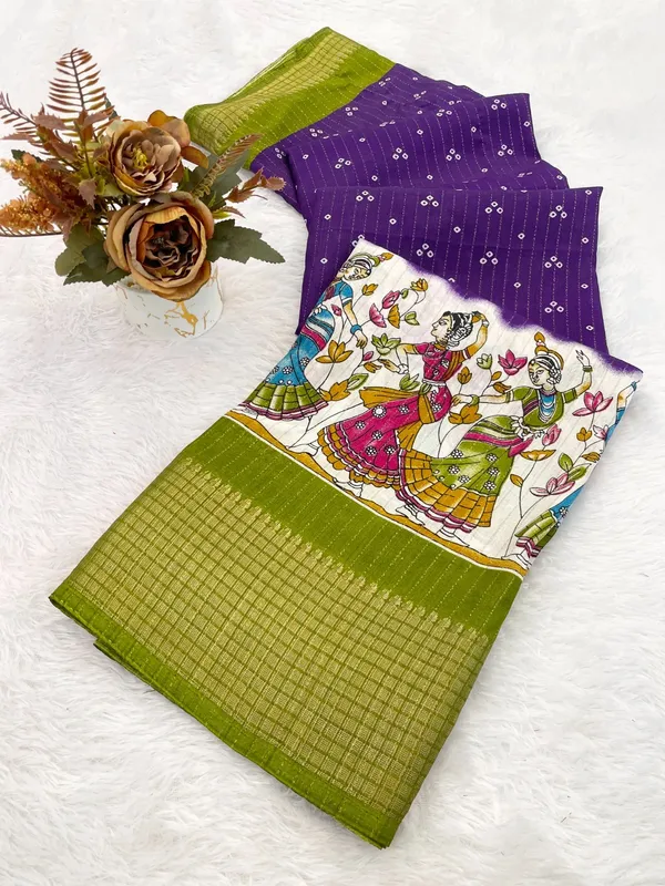 Purple_And_Green_Checkered_Cotton_Saree_With_Kalamkari_Print_For_Women