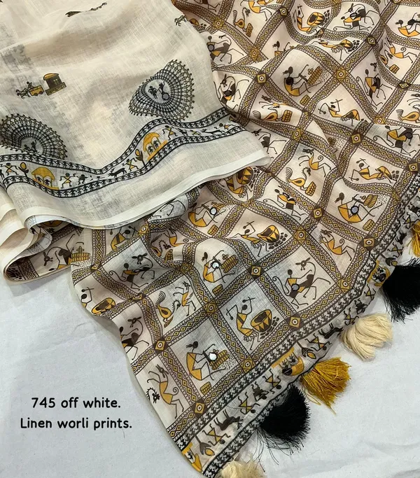 Off_White_Off_Linen_Warli_Print_Saree_With_Blouse_For_Women