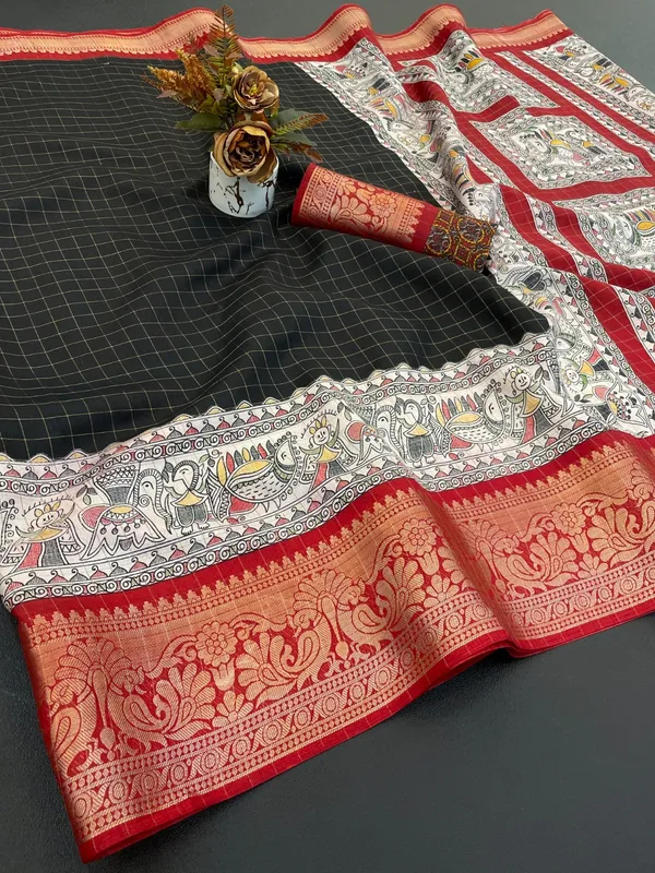 Black_With_Red_Border_Checkered_Kalamkari_Print_Saree_With_Border_For_Women