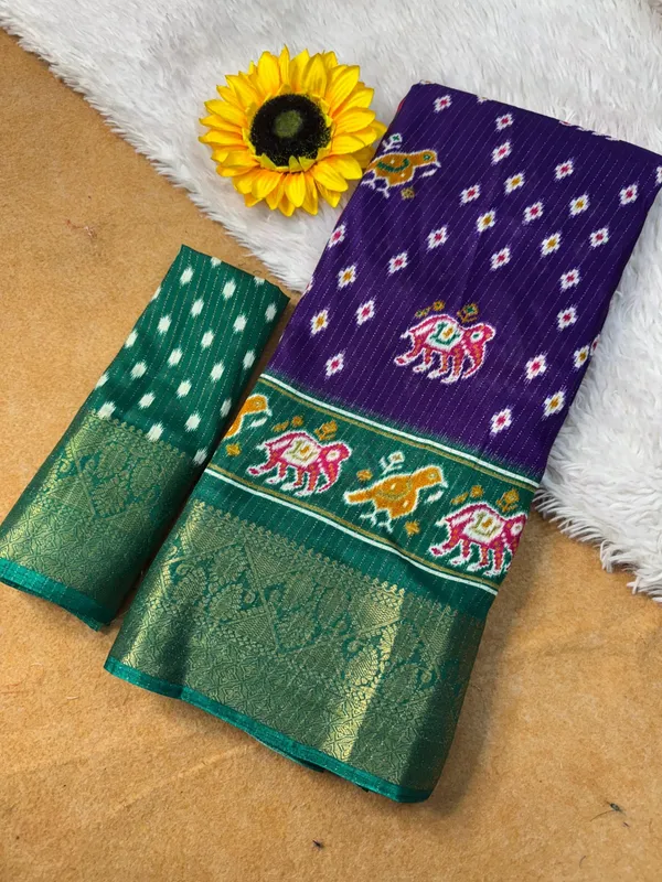 Purple_With_Green_Border_Ikat_Silk_Saree_With_Elephant_Motif_Border_For_Women