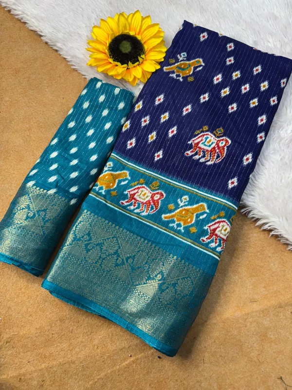 Navy_Blue_With_Teal_Border_Traditional_Ikkat_Saree_With_Elephant_Motifs_And_Contrasting_Border_For_Women