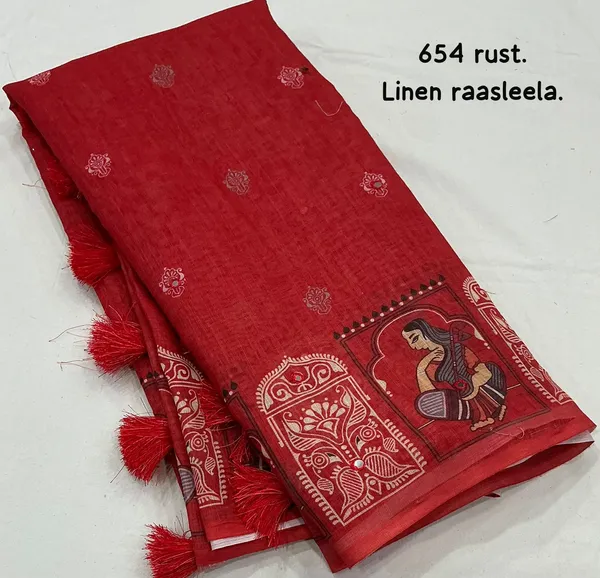 Rust_Red_Rust_Linen_Raasleela_Saree_With_Kalamkari_Border_And_Tassels_For_Women