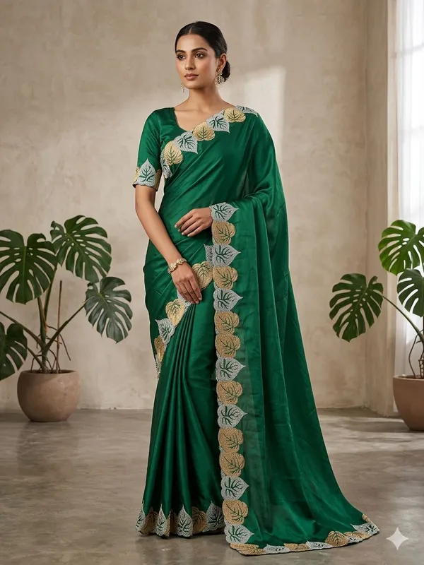 Green_Elegant_Saree_With_Embroidered_Leaf_Border_For_Women