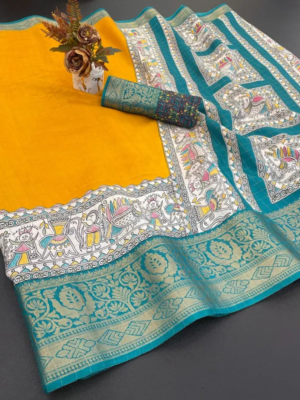 Mustard_Yellow_With_Teal_Blue_Border_Kalamkari_Print_Border_Silk_Saree_With_Border_For_Women
