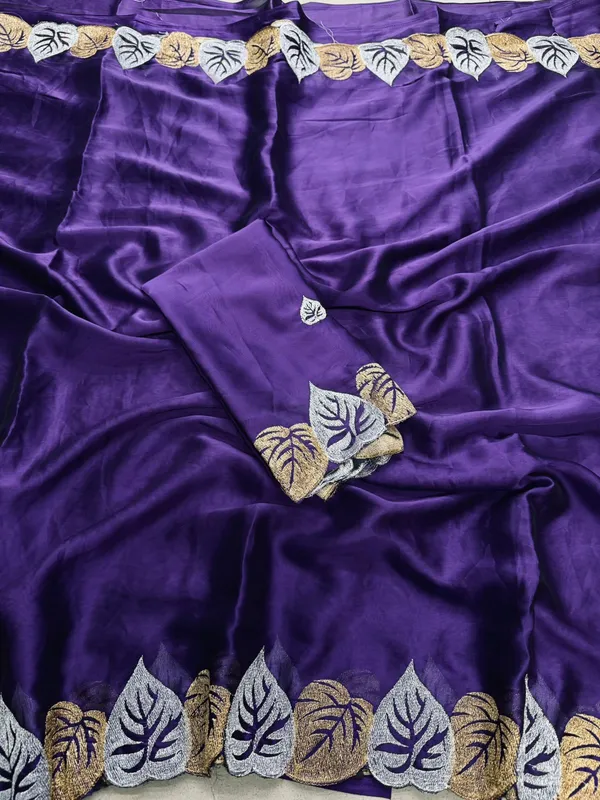Purple_Satin_Saree_With_Embroidered_Leaf_Border_And_Blouse_For_Women