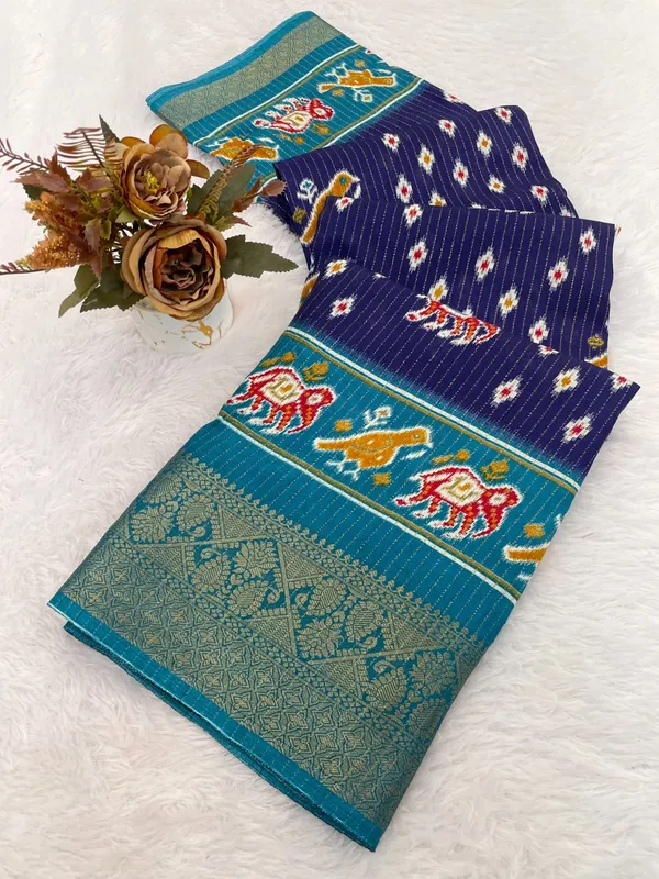Navy_Blue_And_Teal_Ikkat_Silk_Saree_With_Elephant_Motif_And_Contrast_Border_For_Women