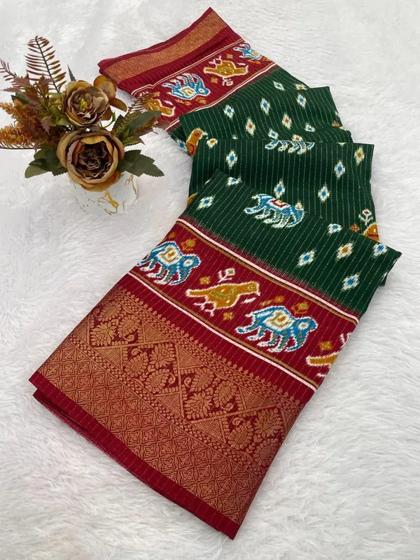 Green_And_Maroon_Traditional_And_Ikat_Silk_Saree_With_Elephant_Motifs_For_Women