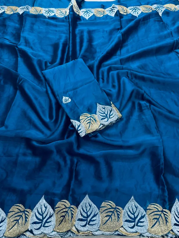 Blue_Embroidered_Saree_With_Blouse_Piece_Leaf_Pattern_Border_For_Women