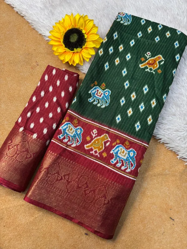 Green_And_Maroon_Traditional_And_Ikat_Silk_Saree_With_Elephant_Motifs_For_Women