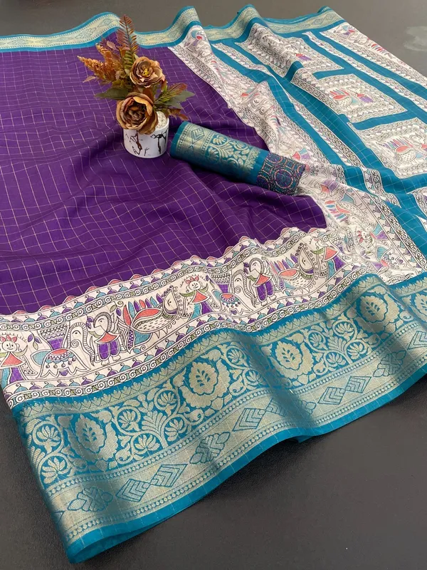 Purple_Traditional_Kanjivaram_Style_Silk_Saree_With_Zari_Border_And_Kalamkari_Pallu_For_Women