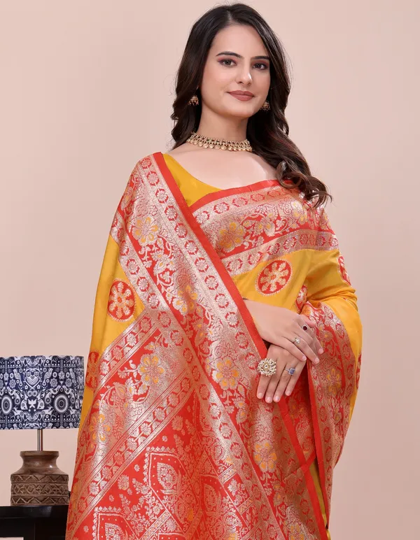 Yellow_With_Red_Border_Banarasi_Silk_Saree_With_Woven_Border_And_Brocade_Pallu_For_Women