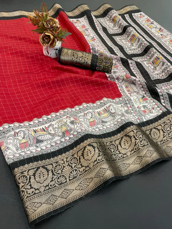 Red_Checkered_Saree_With_Madhubani_Border_With_Blouse_Piece_For_Women