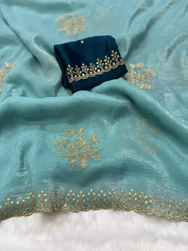 Light_Blue_Elegant_Embroidered_Saree_With_Border_With_Blouse_Piece_For_Women