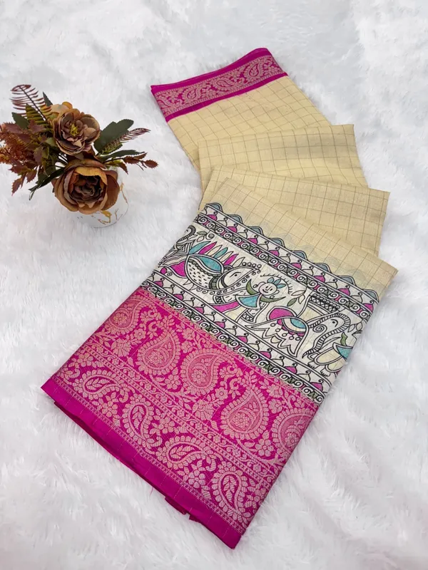 Cream_With_Pink_Border_Elegant_Cream_Silk_Saree_With_Zari_Border_And_Kalamkari_Pallu_For_Women