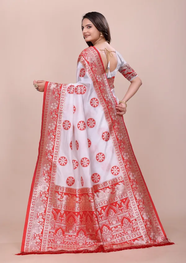 White_And_Red_And_Banarasi_Silk_Saree_With_Zari_Work_For_Women
