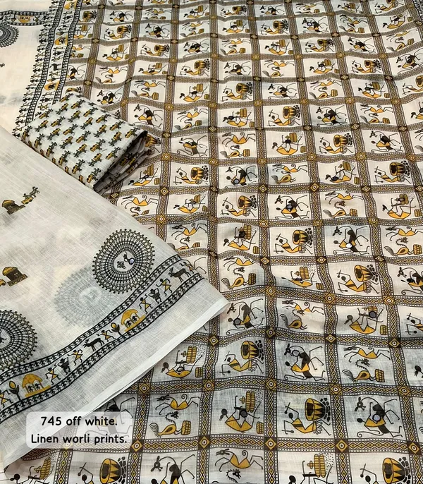 Off_White_Off_Linen_Warli_Print_Saree_With_Blouse_For_Women