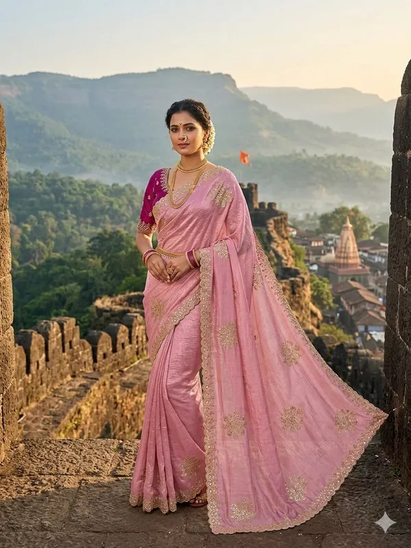 Pink_Elegant_Embroidered_Saree_With_Blouse_For_Women