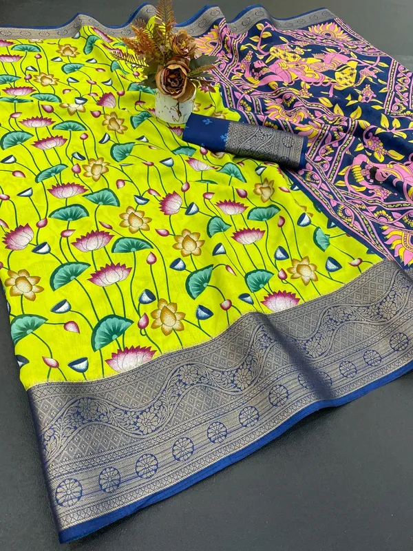 Yellow_With_Blue_Border_Vibrant_Lotus_Print_Banarasi_Silk_Saree_With_Contrast_Border_For_Women