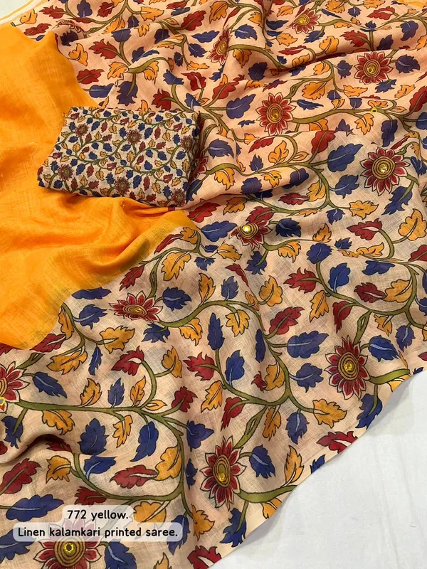 Multicolor_Linen_Kalamkari_Printed_Saree_With_Blouse_For_Women