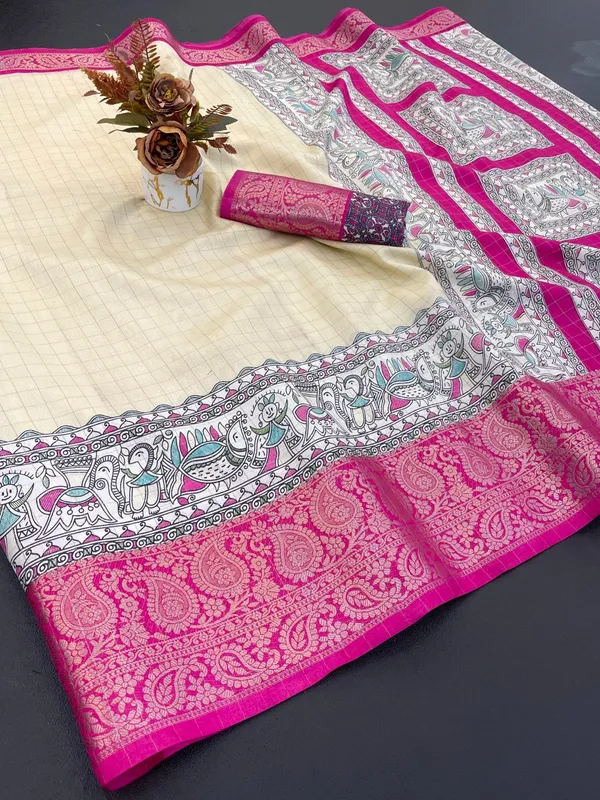 Cream_With_Pink_Border_Elegant_Cream_Silk_Saree_With_Zari_Border_And_Kalamkari_Pallu_For_Women
