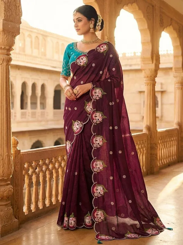 Purple_Elegant_Embroidered_Saree_With_Turquoise_Blouse_For_Women