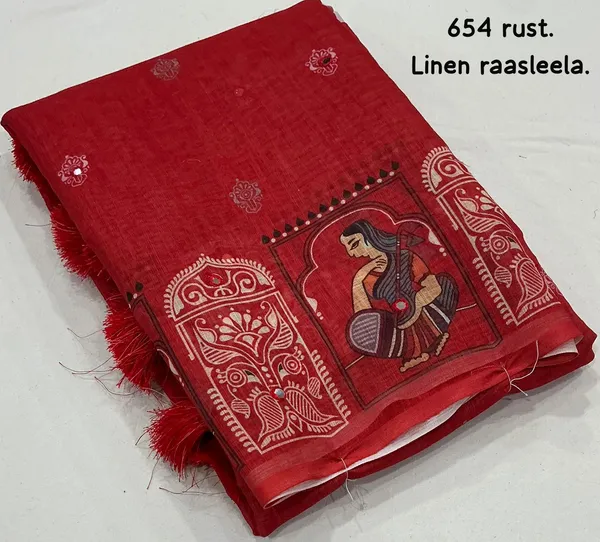 Rust_Red_Rust_Linen_Raasleela_Saree_With_Kalamkari_Border_And_Tassels_For_Women