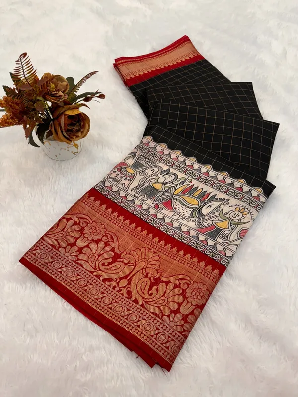 Black_With_Red_Border_Checkered_Kalamkari_Print_Saree_With_Border_For_Women