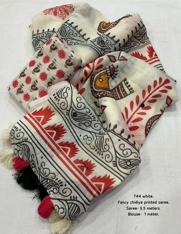 White_Fancy_Chidiya_Printed_Saree_With_Blouse