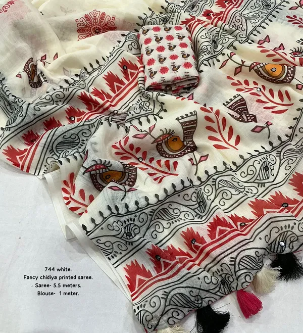 White_Fancy_Chidiya_Printed_Saree_With_Blouse