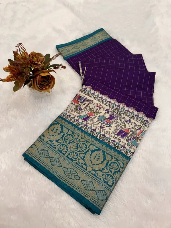 Purple_Traditional_Kanjivaram_Style_Silk_Saree_With_Zari_Border_And_Kalamkari_Pallu_For_Women