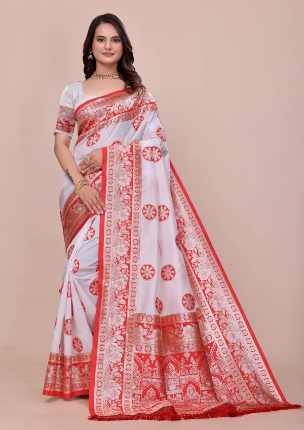 White_And_Red_And_Banarasi_Silk_Saree_With_Zari_Work_For_Women
