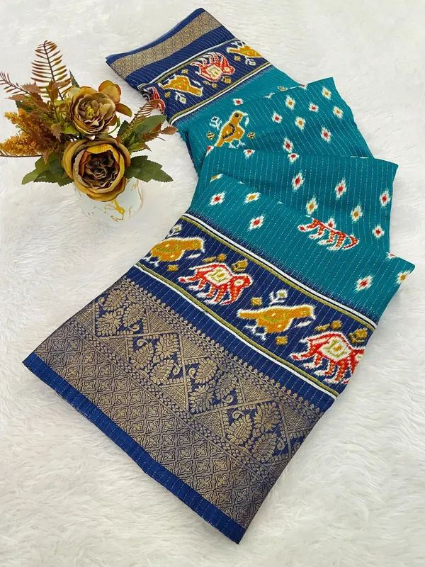 Teal_Blue_Traditional_Ikkat_Silk_Saree_With_Peacock_And_Floral_Motifs_For_Women