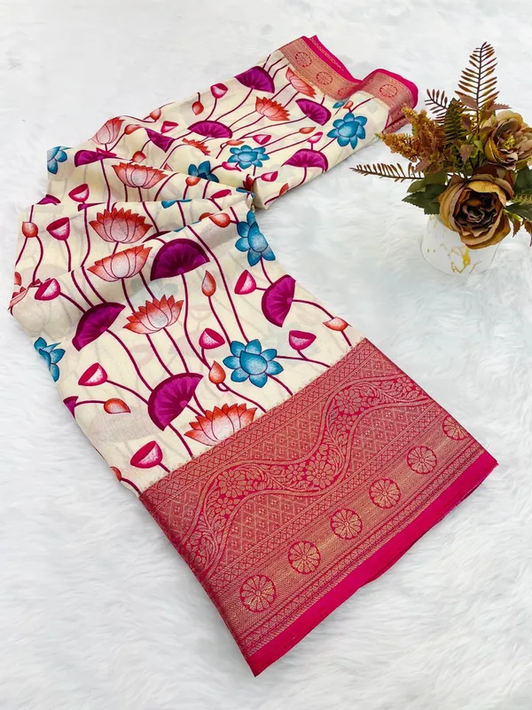 Cream_With_Pink_Border_Floral_Print_Banarasi_Silk_Saree_With_Contrast_Border_For_Women