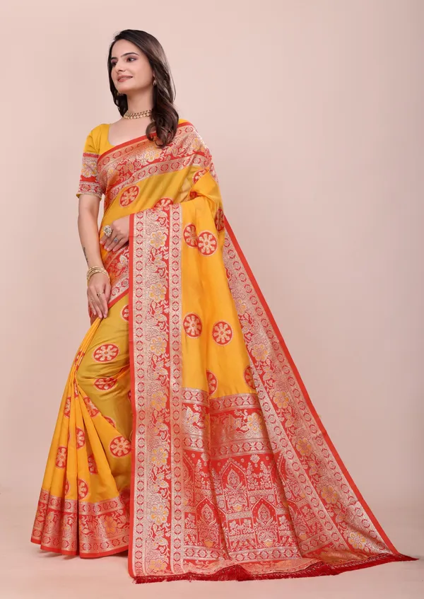 Yellow_With_Red_Border_Banarasi_Silk_Saree_With_Woven_Border_And_Brocade_Pallu_For_Women