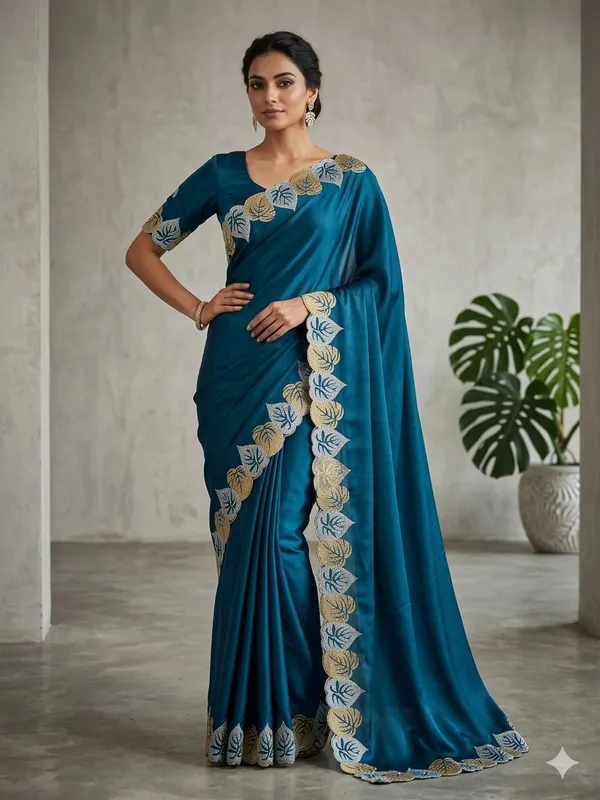 Blue_Embroidered_Saree_With_Blouse_Piece_Leaf_Pattern_Border_For_Women