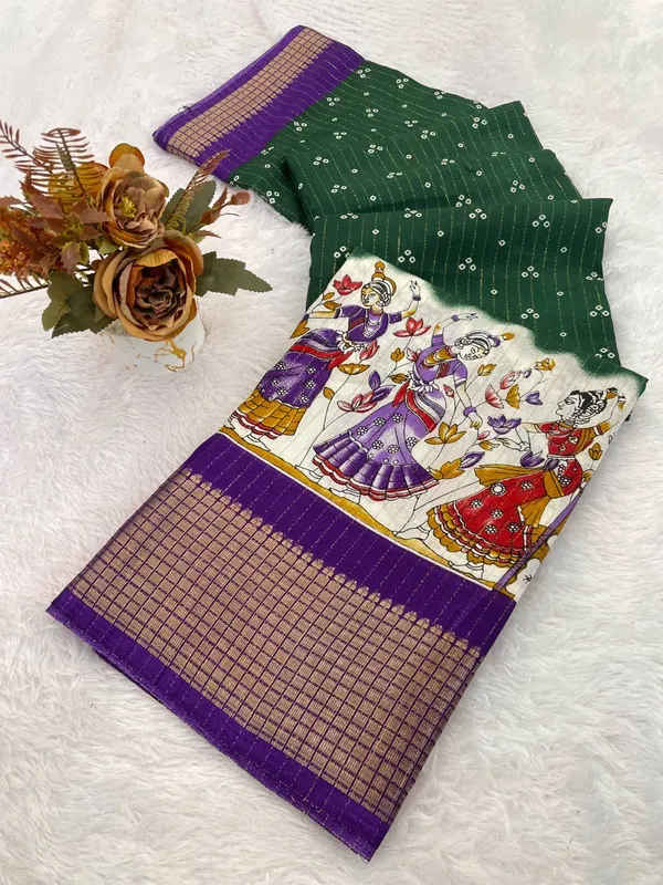 Green_With_Purple_Border_Traditional_Saree_With_Border_And_Kalamkari_Pallu_For_Women