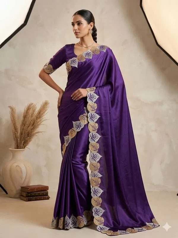 Purple_Satin_Saree_With_Embroidered_Leaf_Border_And_Blouse_For_Women