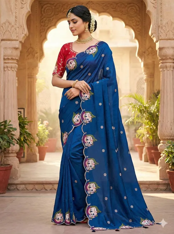 Teal_Blue_Royal_Embroidered_Saree_With_Contrast_Blouse_For_Women