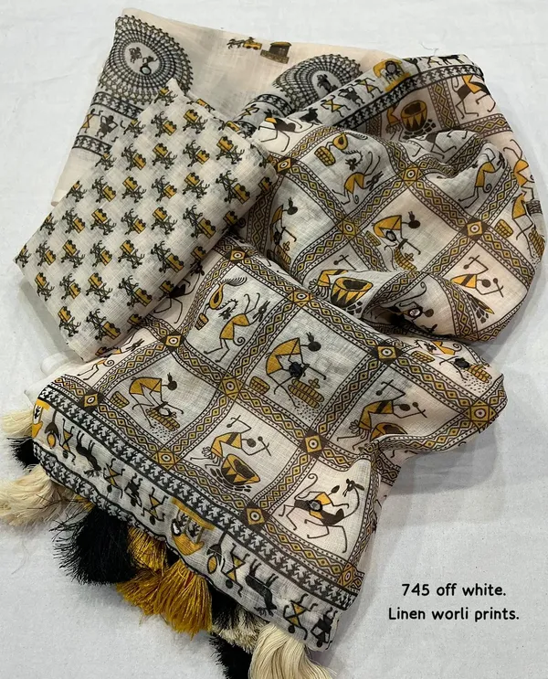 Off_White_Off_Linen_Warli_Print_Saree_With_Blouse_For_Women