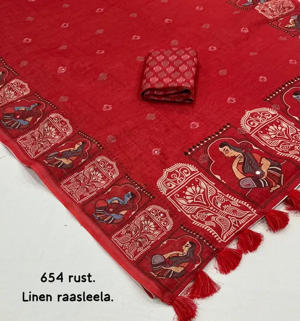 Rust_Red_Rust_Linen_Raasleela_Saree_With_Kalamkari_Border_And_Tassels_For_Women