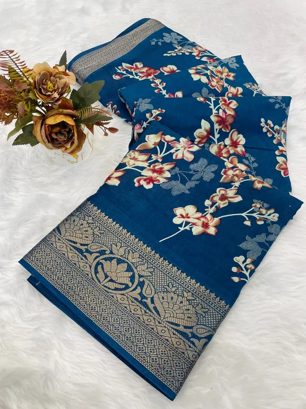 Blue_Floral_Print_Silk_Blend_Saree_With_Woven_Border_For_Women