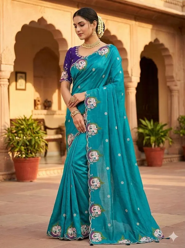 Turquoise_Turquoise_Embroidered_Saree_With_Blouse_Elephant_Motif_Design_For_Women