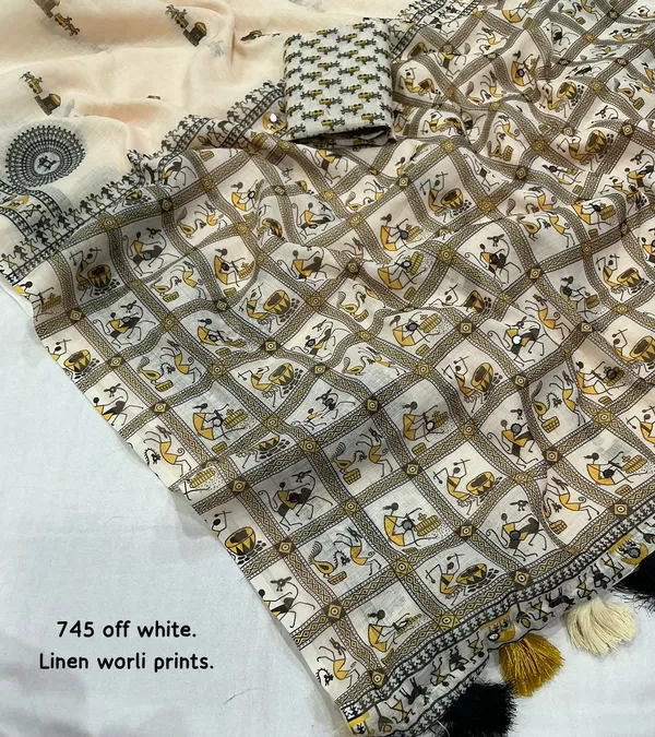 Off_White_Off_Linen_Warli_Print_Saree_With_Blouse_For_Women