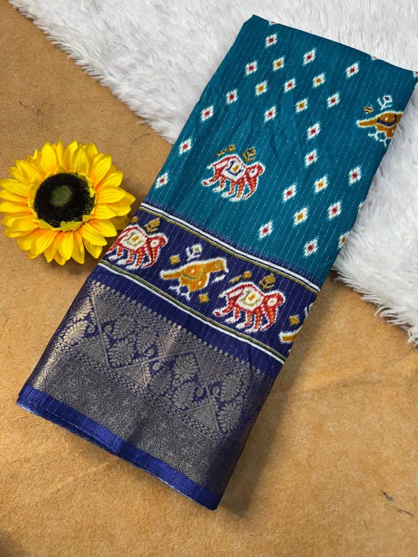 Teal_Blue_Traditional_Silk_Saree_With_Floral_Embroidery_And_Zari_Border_For_Women